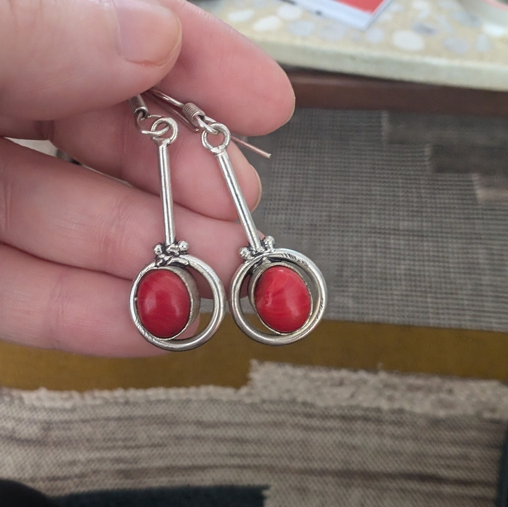 Silver and Red Stone Dangle Earrings